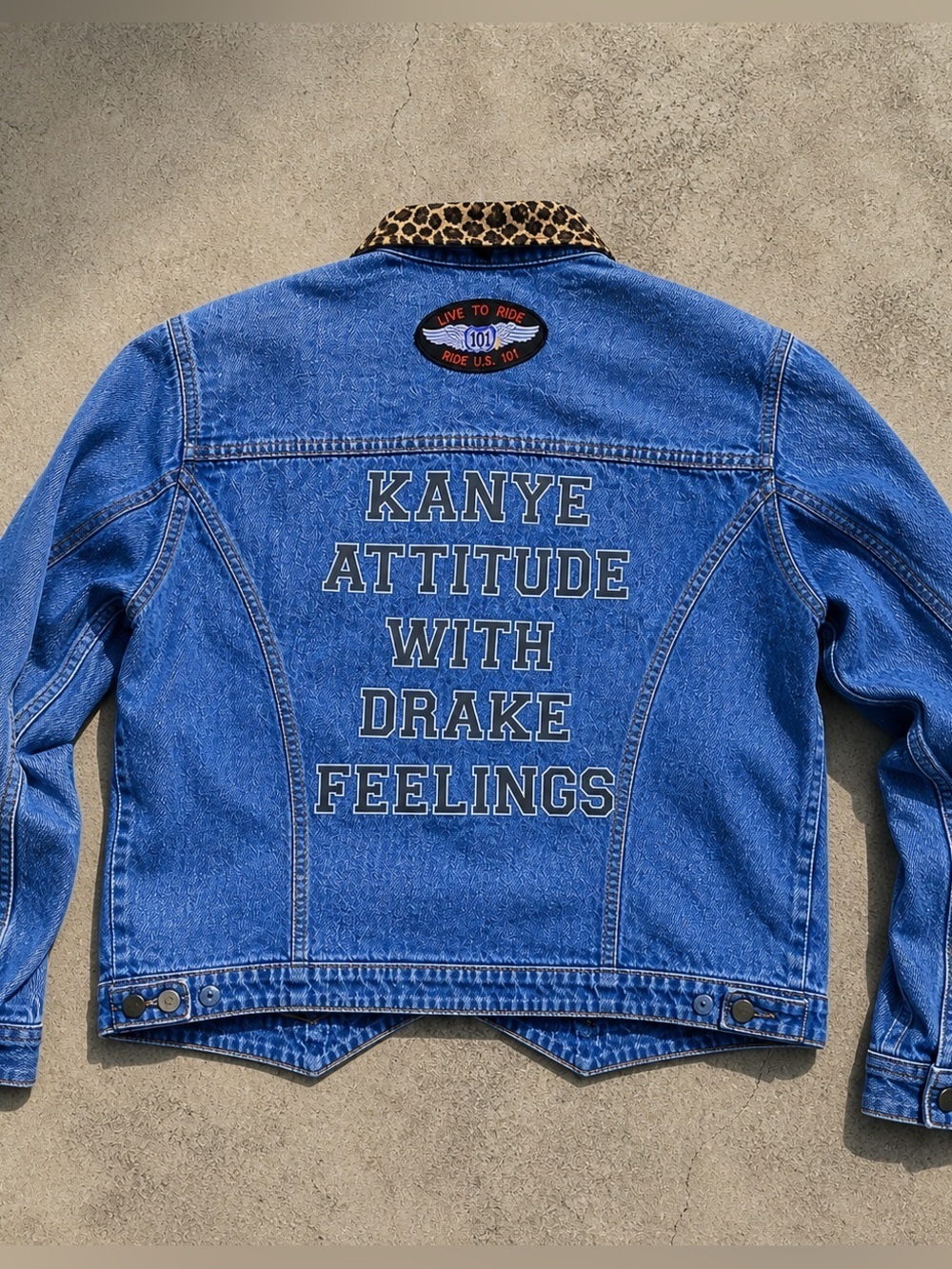 Denim Jacket with Leopard Collar and Statement Back Text